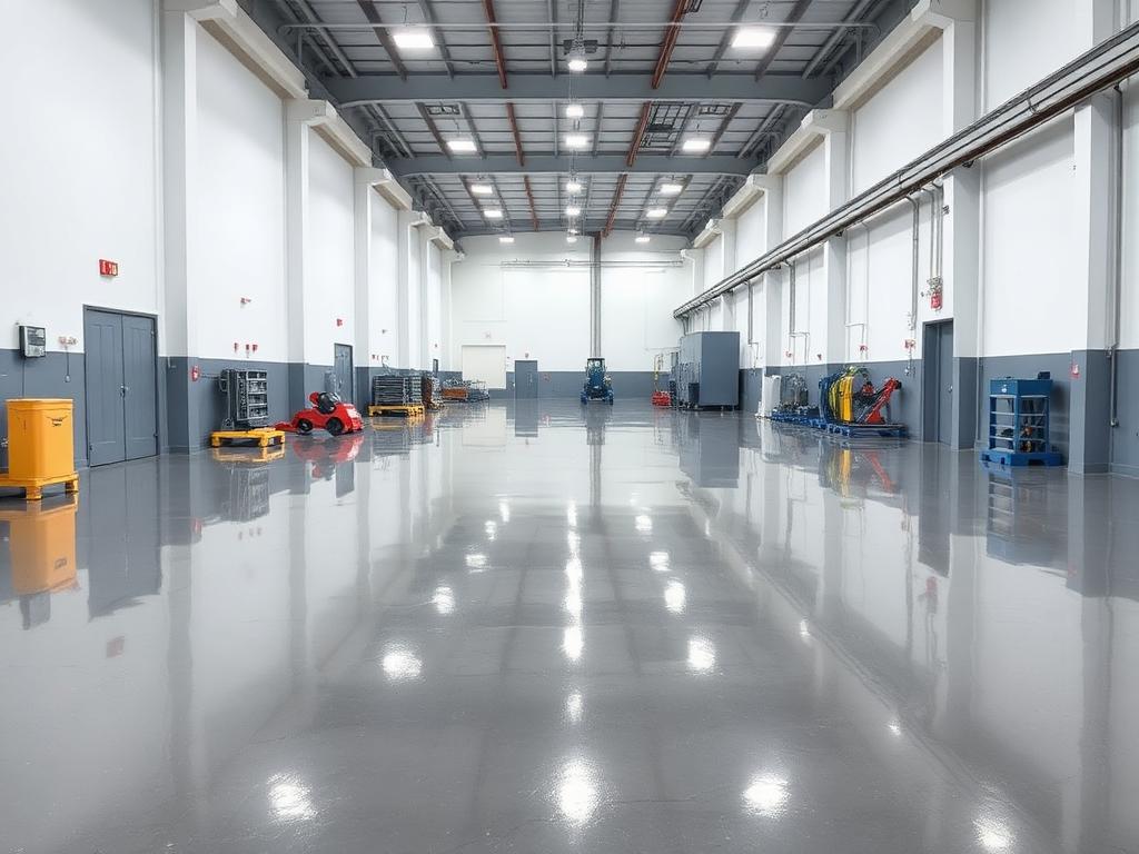 Same factory interior with a flawless glossy grey epoxy resin floor after installation
