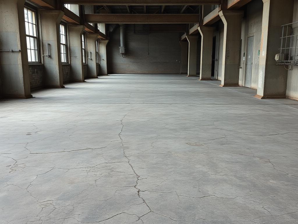 Cracked, stained bare concrete factory floor before epoxy flooring work