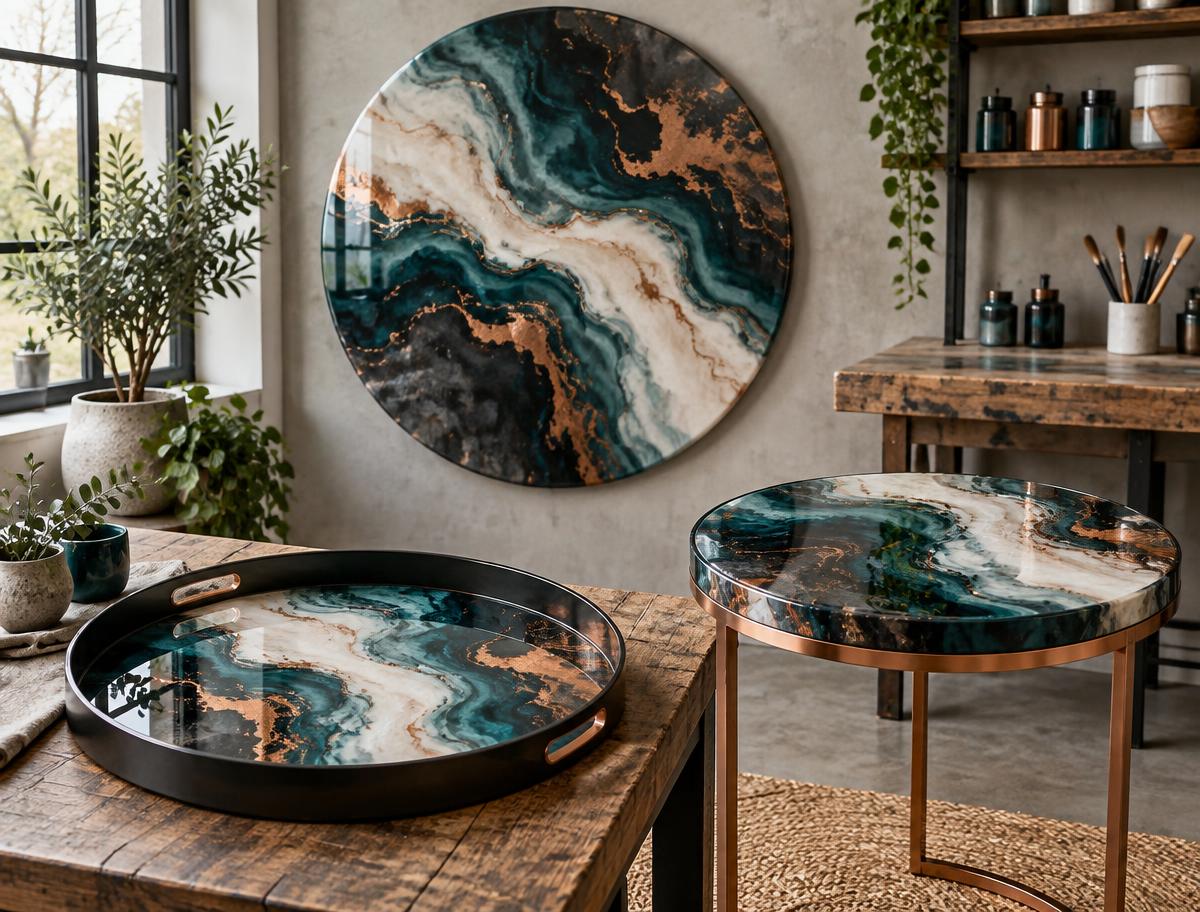 Coordinated custom resin wall art, serving tray and side table