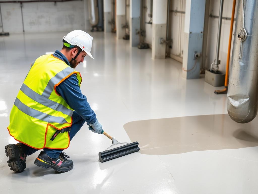 Technician applying epoxy resin coating with a squeegee on a prepared factory floor