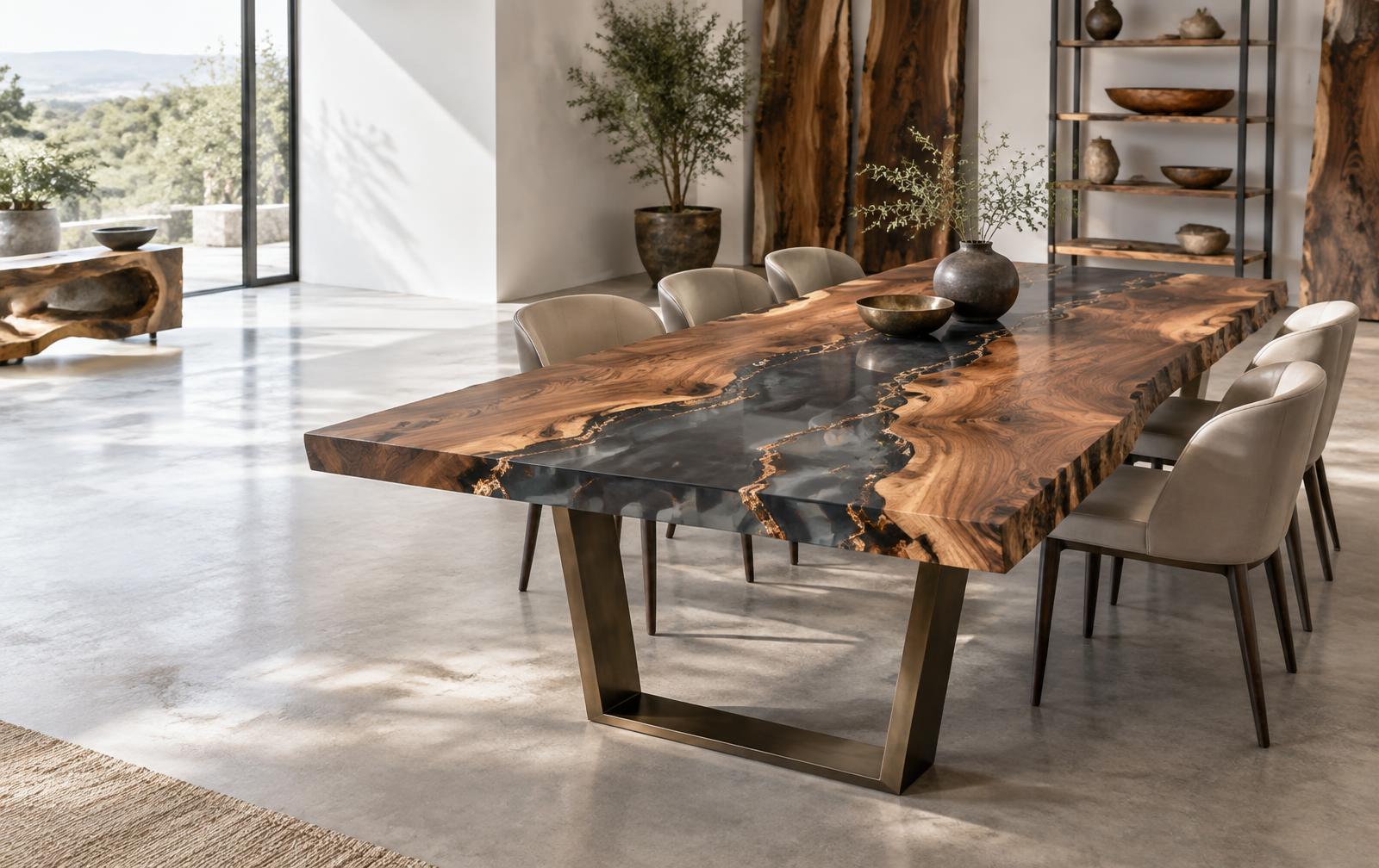 Custom live-edge walnut dining table with charcoal and copper epoxy resin