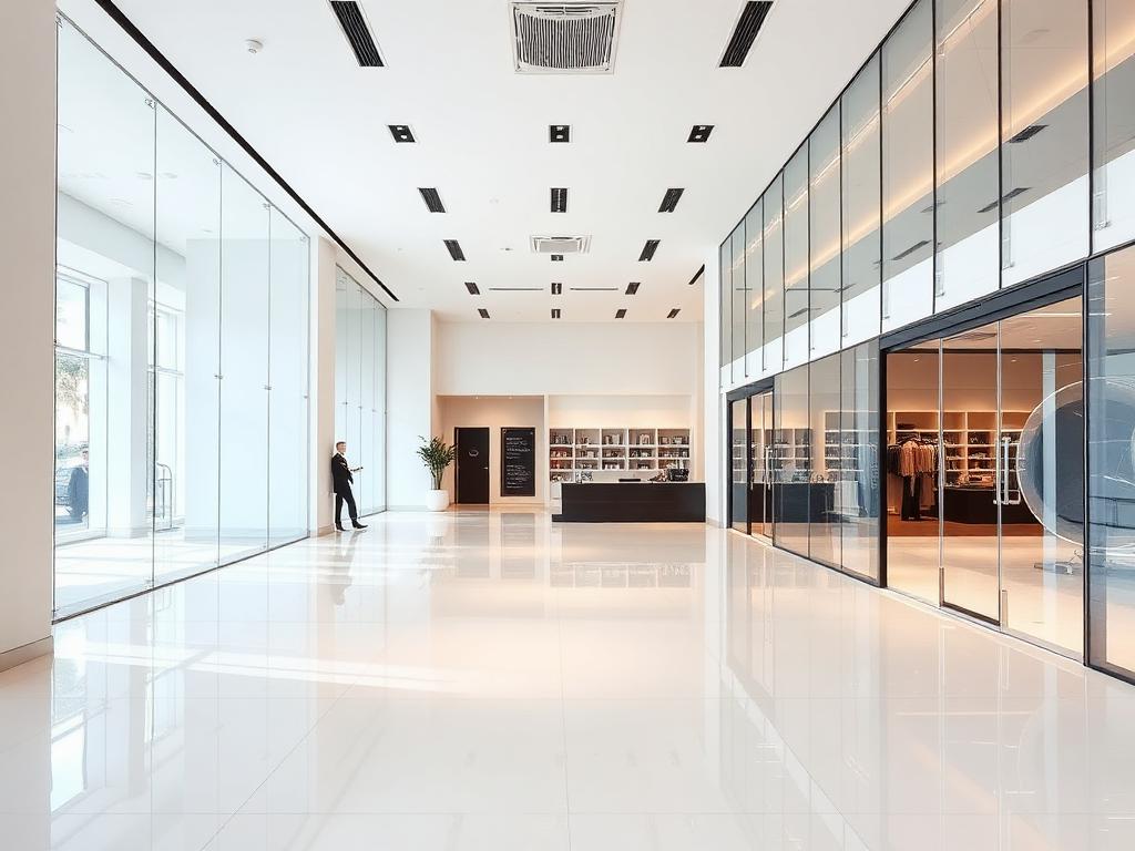Bright commercial showroom with a high-gloss white epoxy resin floor