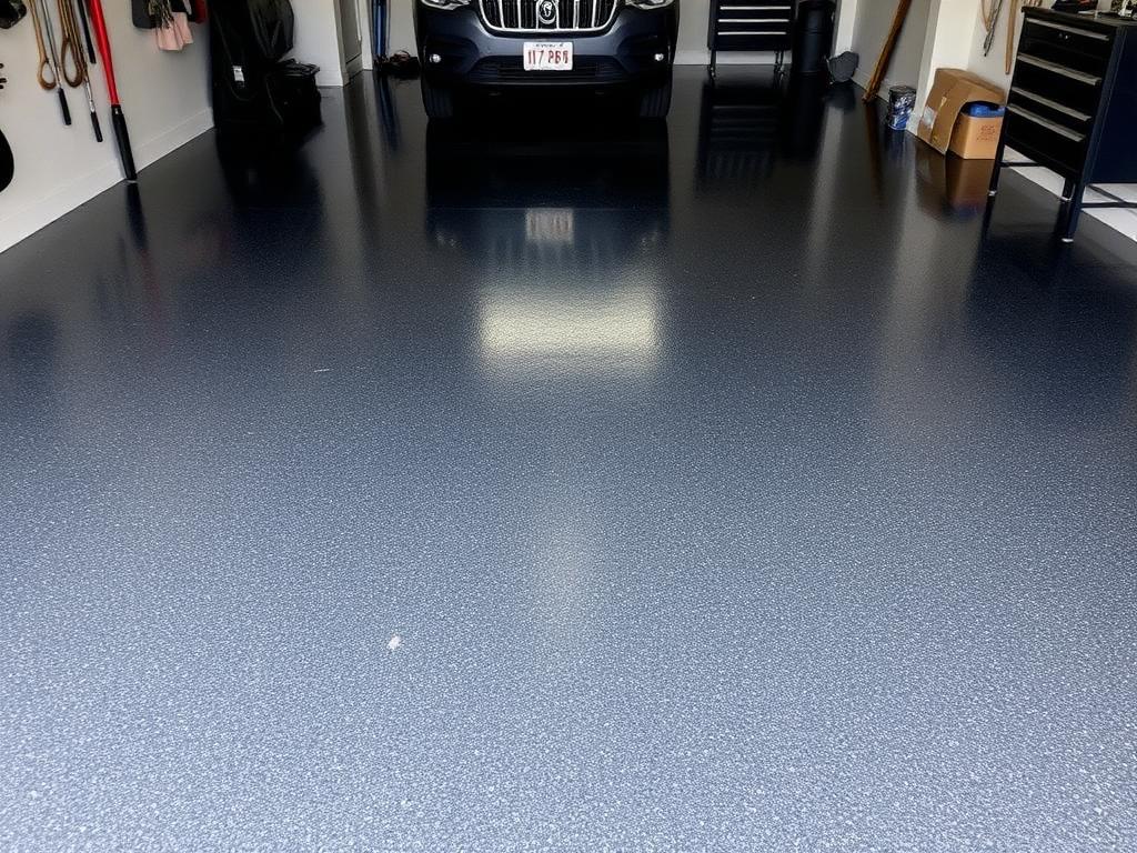 Dark grey flake epoxy garage floor with a glossy finish and a parked car
