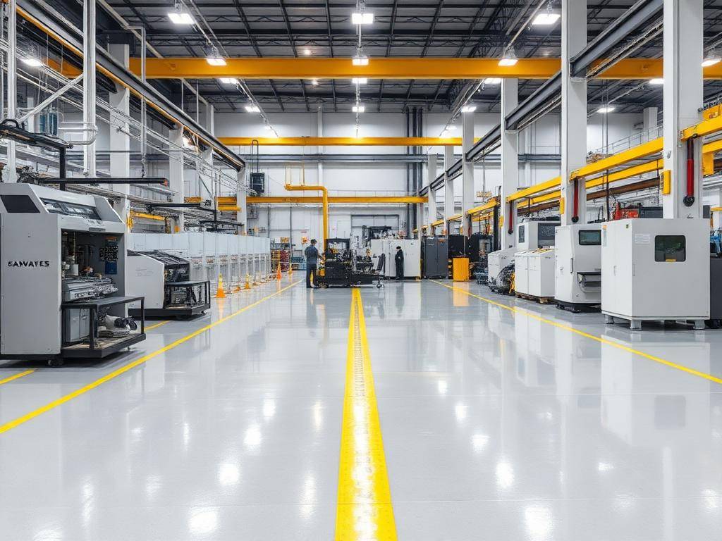 Glossy grey industrial epoxy floor with yellow safety line markings inside a manufacturing plant