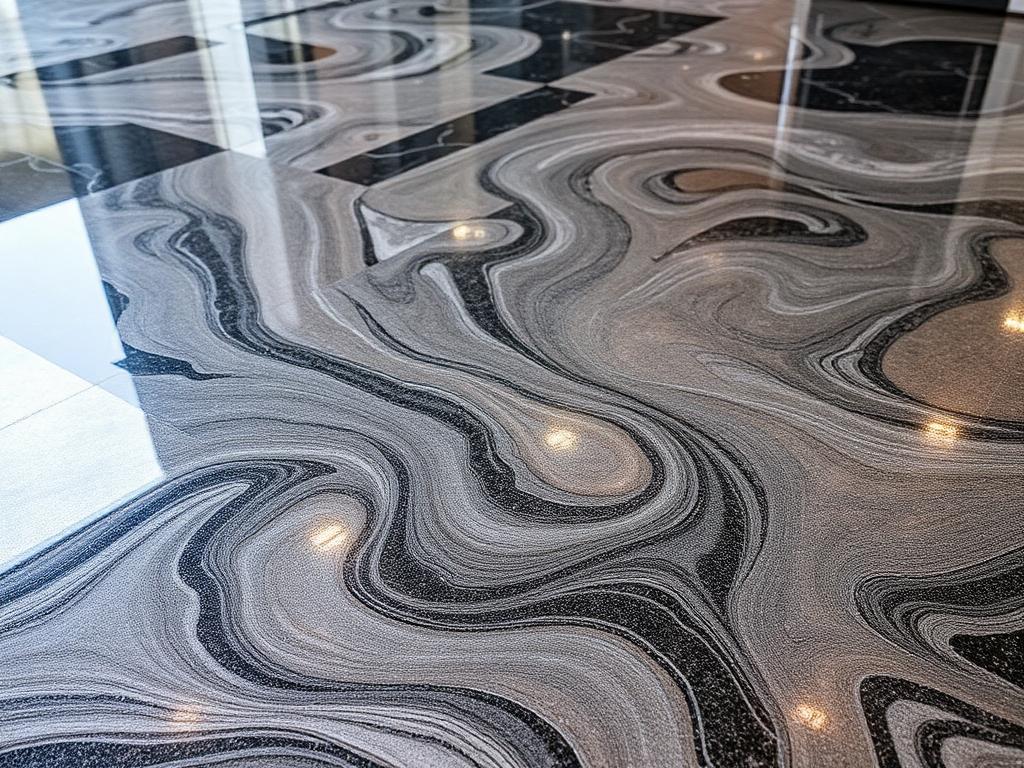 Decorative epoxy floor with swirling grey and pearl pigment patterns