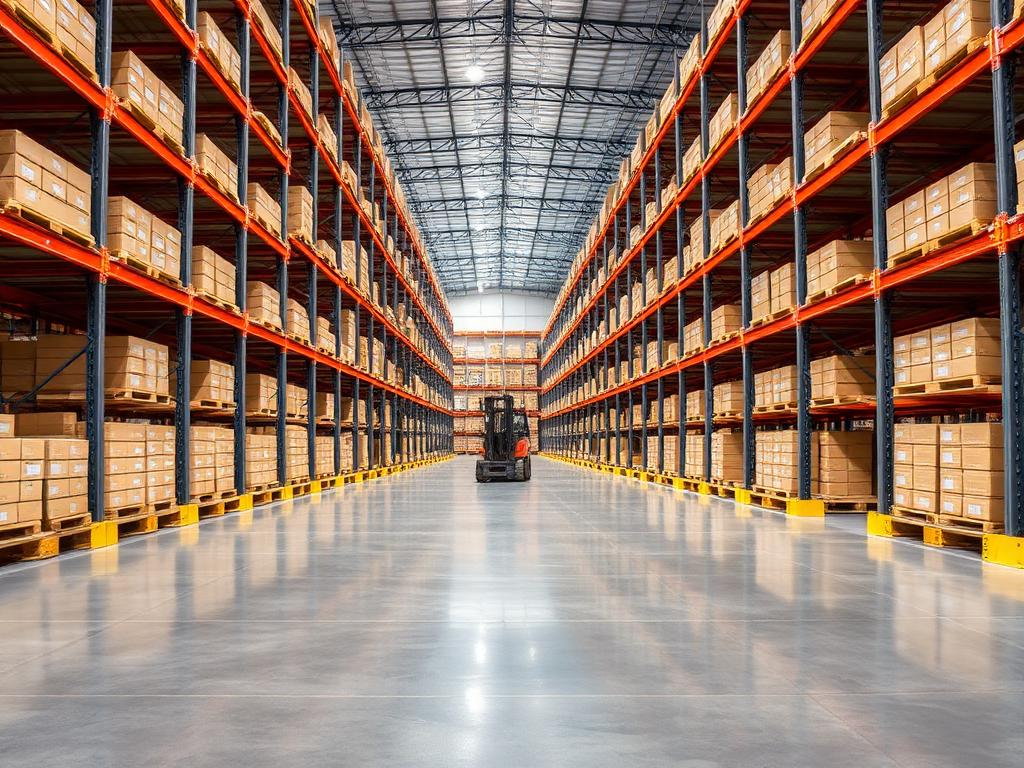 Seamless grey epoxy warehouse floor between tall storage racks with a forklift in the aisle